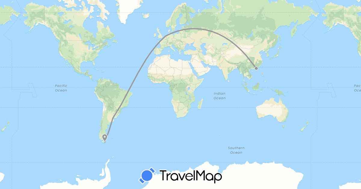 TravelMap itinerary: plane in Argentina, China, Netherlands (Asia, Europe, South America)